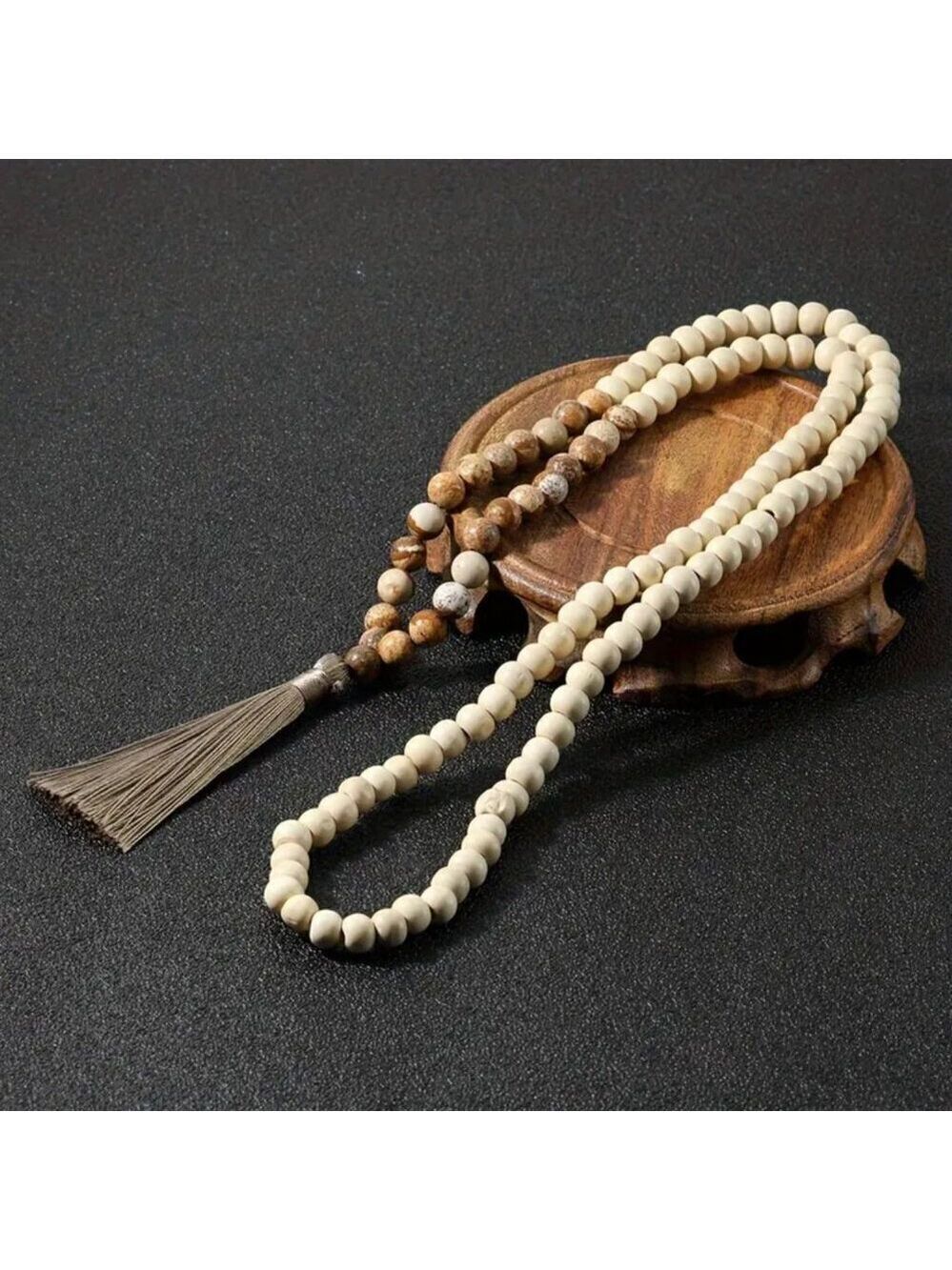 Handmade Boho Tassel Necklace Wooden & Blue Lapis Stone Beads β 34β Long #1501 - Picture 5 of 7